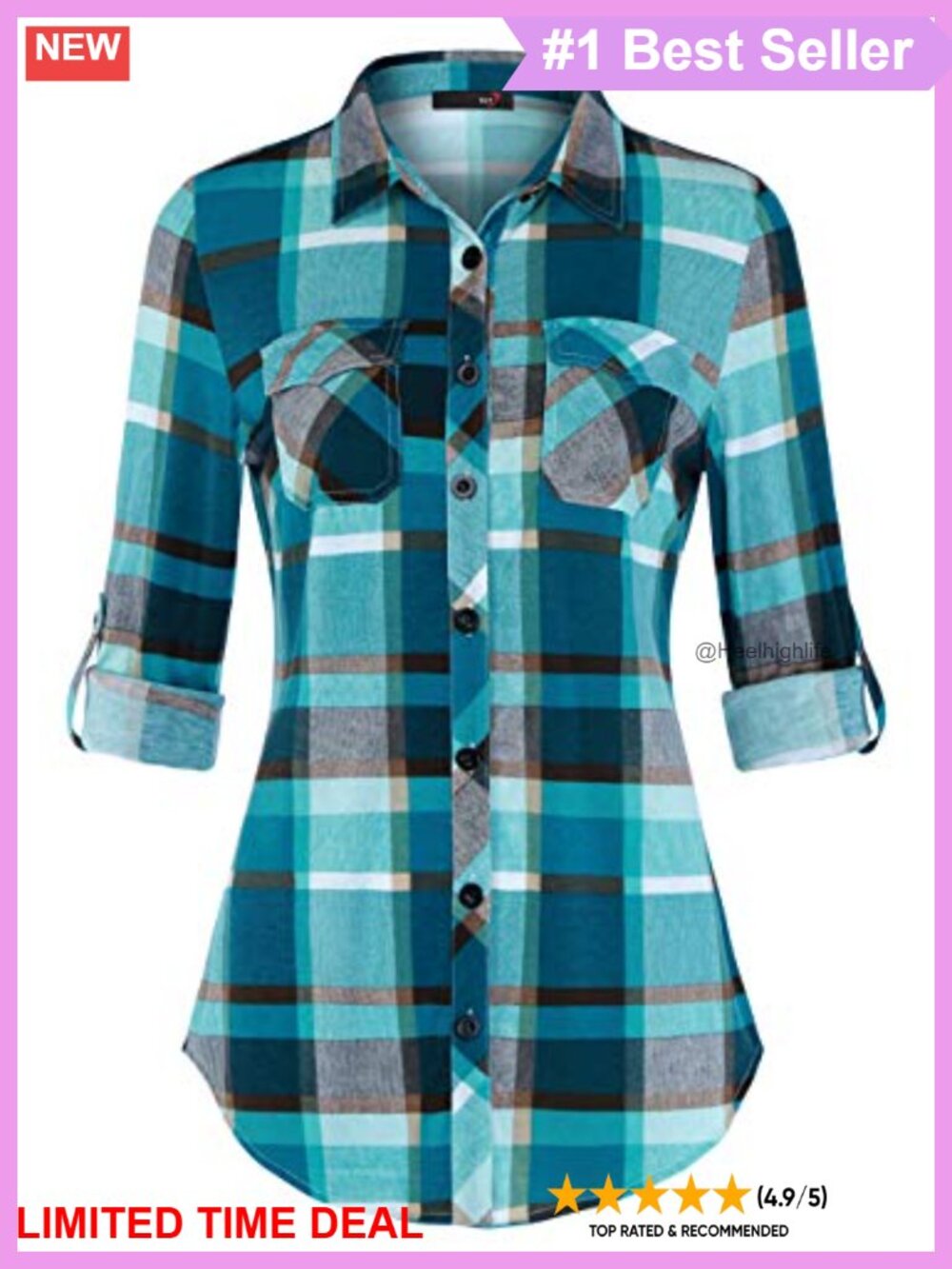 Soft Stretchy Plaid Button Down Blouse Roll Up Long Sleeve Collared Top